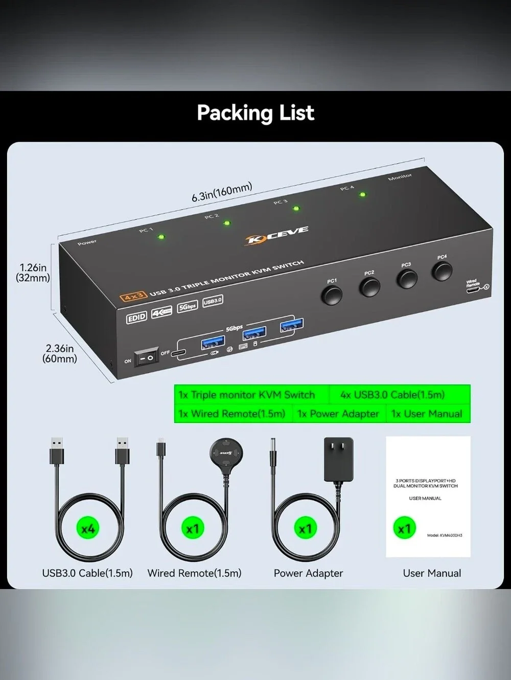 KVM Switch 3 Monitors 4 Computers 4K@60Hz,EDID Simulation,USB 3.0 HDMI Displa...